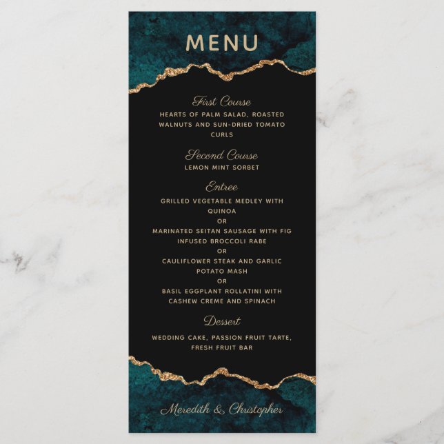 Gold Aquamarin Agate Wedding Menu Menükarte (Vorderseite)