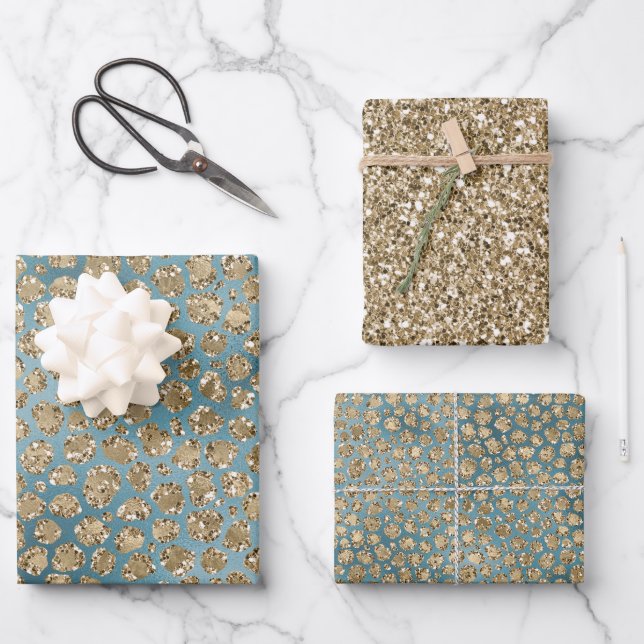 Gold Aquamarin Blue Green Glitzy Leopard Print Geschenkpapier Set (Vorderseite)