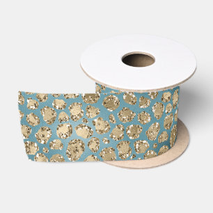 Gold Aquamarin Blue Green Glitzy Leopard Print   Satinband