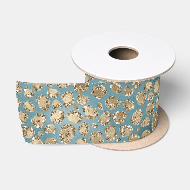 Gold Aquamarin Blue Green Glitzy Leopard Print   Satinband (Spule)