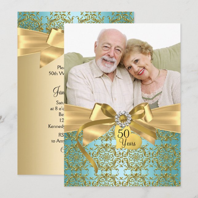 Gold Aquamarin Damask & Bow Foto 50 Jahre Jubiläum Einladung (Vorne/Hinten)