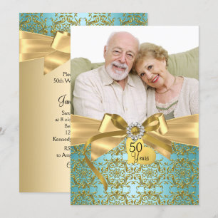 Gold Aquamarin Damask & Bow Foto 50 Jahre Jubiläum Einladung