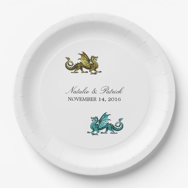 Gold Aquamarin Dragon Wedding Paper Teller (Vorderseite)