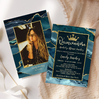 Gold Aquamarin Minze Agate Quinceanera Foto Spanis Einladung
