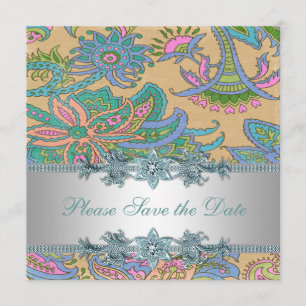 Gold Aquamarin Paisley Indian Wedding Save the Dat Save The Date