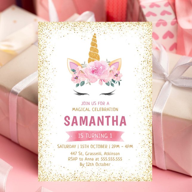 Gold Aquamarin rosa Blume Magisches Einhorn Geburt Einladung (Von Creator hochgeladen)