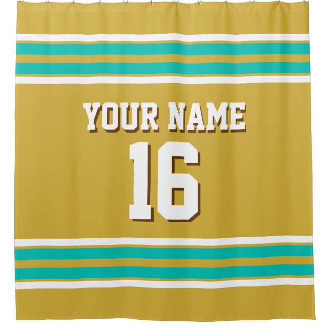 Gold Aquamarin White Stripes Sports Jersey Duschvorhang (Vorderseite)
