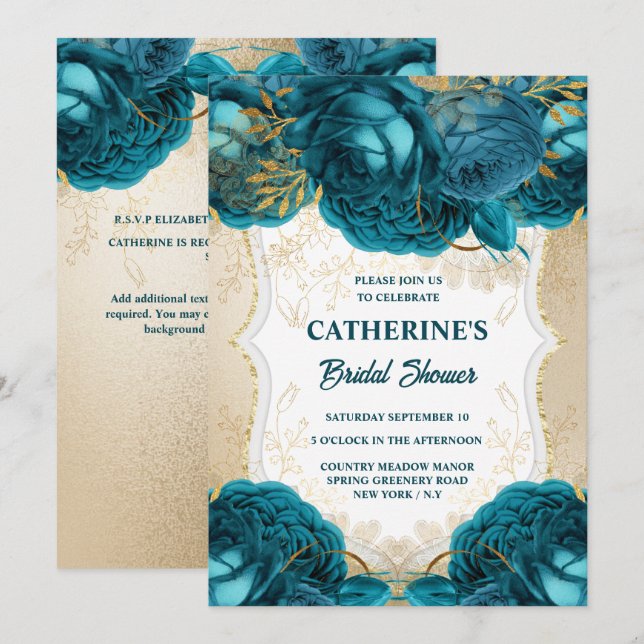 Gold aquamarine blaue Rose Aquarell Brautparty Chi Einladung (Vorne/Hinten)