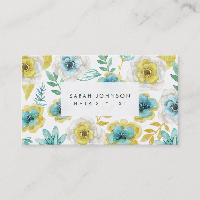 Gold Aquamarine Blumenhaar Stylist Business Cards Visitenkarte (Vorderseite)