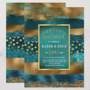 Gold, aquamarine Pinselstriche Hochzeitsdusche Einladung