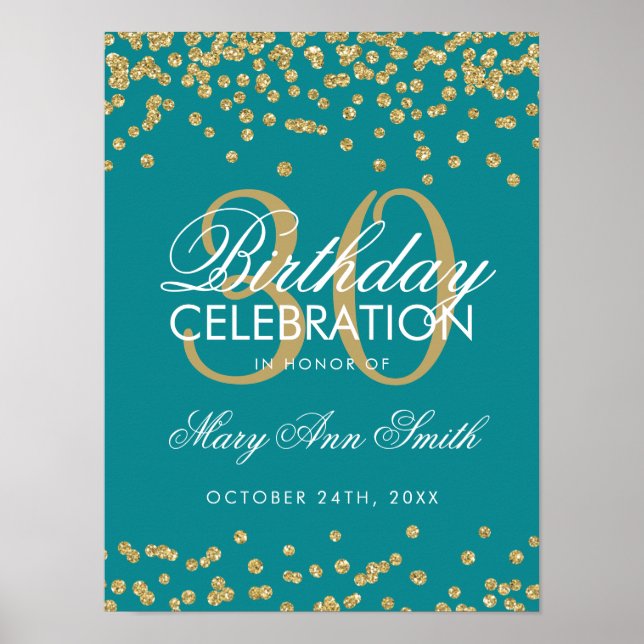 Gold Aquamariner Glitzer Confetti 30. Geburtstag Poster (Vorne)