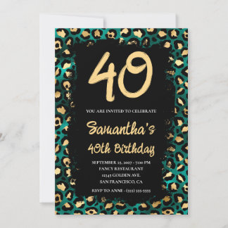 Gold Aquamariner Leopard Schwarz 40. Geburtstag Einladung