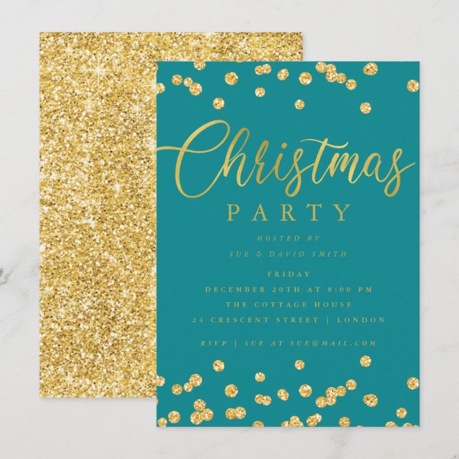 Gold Aquamarines Script Confetti Holiday Weihnacht Einladung (Vorne/Hinten)