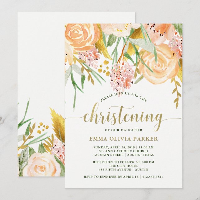 Gold Aquarellblume in Weiß | Feiern Einladung (Vorne/Hinten)