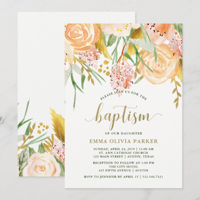 Gold Aquarellblume in Weiß | Taufe Einladung (Vorne/Hinten)