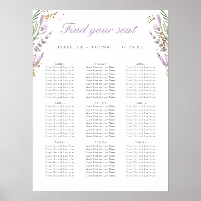 Gold & Aquarelllavender Wedding Seating Chart Poster (Vorne)
