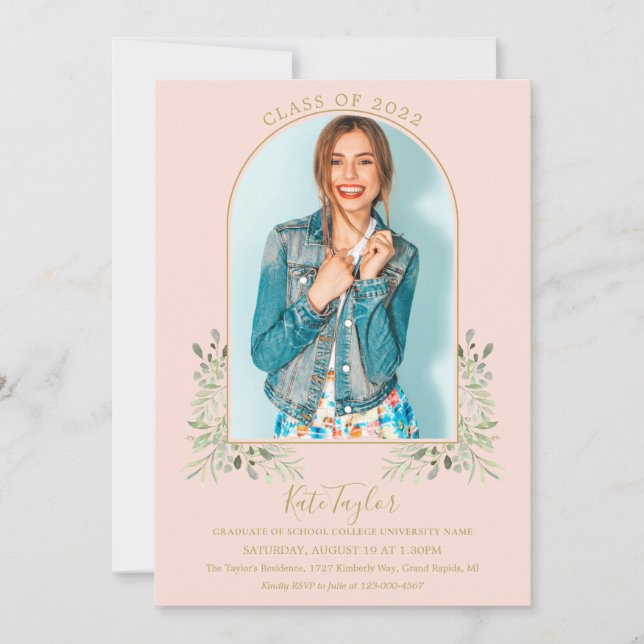 Gold Arch Foto Blush Pink Foliage Abschluss Einladung (Vorderseite)