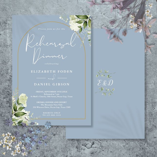 Gold Arch Greenery Dusty Blue Probe Dinner Einladung (Gold Arch Greenery Dusty Blue Rehearsal Dinner Invitation)