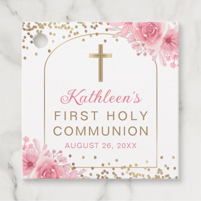 Gold Arch Pink Floral Erste Kommune Vielen Dank Geschenkanhänger (Vorderseite)