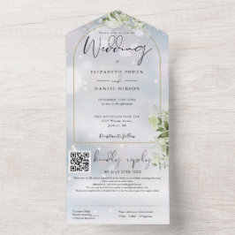 Gold Arch QR Code Grüne Winterhochzeit All In One Einladung