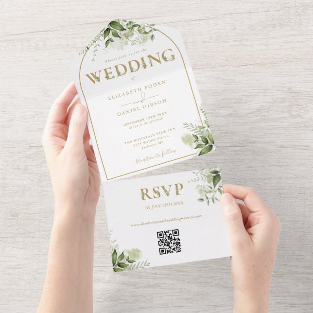 Gold Arch Rustic Greenerity QR Code Hochzeit All In One Einladung (Abreißen)