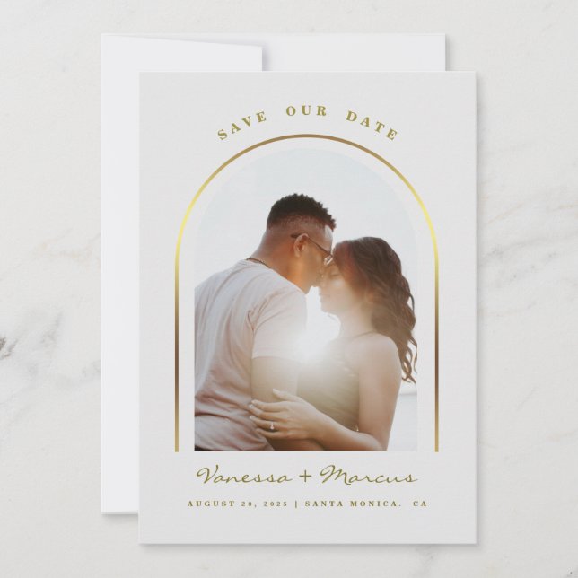 Gold Arched Frame Wedding Foto Save the Date (Vorderseite)