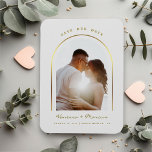 Gold Arched Frame Wedding Photo Save The Date Magnet<br><div class="desc">Design features a gorgeous golden arched frame for your best Save Our Date Photo,  with a thin calligraphy script,  against a wedding cream color background.  Easily customize with names,  date,  location of choice.  Ideal for any modern wedding theme in any season.</div>