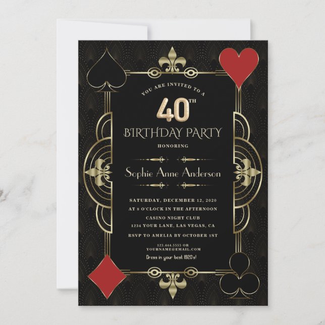Gold Art Deco Casino Vegas Frauen am 40. Geburtsta Einladung (Vorderseite)