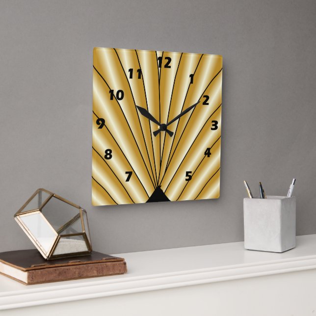 Gold Art Deco Design Quadratische Wanduhr (Büro)
