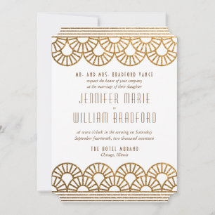 Gold Art Deco Fan Hochzeit Einladung in Weiß