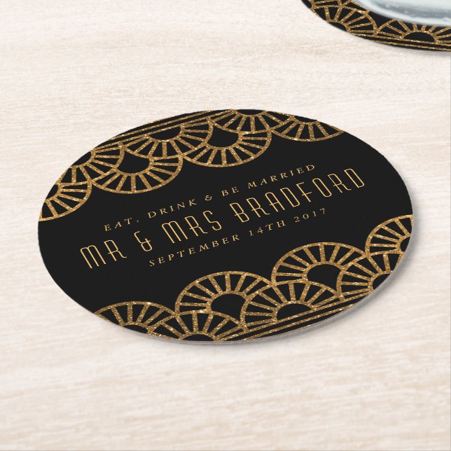 Gold Art Deco Fan Wedding and Celebration Unterset Runder Pappuntersetzer (Angewinkelt)
