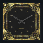 Gold Art Deco Frame Quadratische Wanduhr<br><div class="desc">Gold tones Art Deco frame,  geometric style over a black background. Customizable monogram.</div>