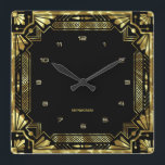 Gold Art Deco Frame Quadratische Wanduhr<br><div class="desc">Gold tones Art Deco frame,  geometric style over a black background. Customizable monogram.</div>