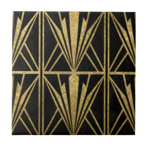 Gold Art Deco Geometrisches Fächer-Muster Schwarz Fliese