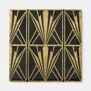 Gold Art Deco geometrisches Fächer-Muster Schwarz Magnet