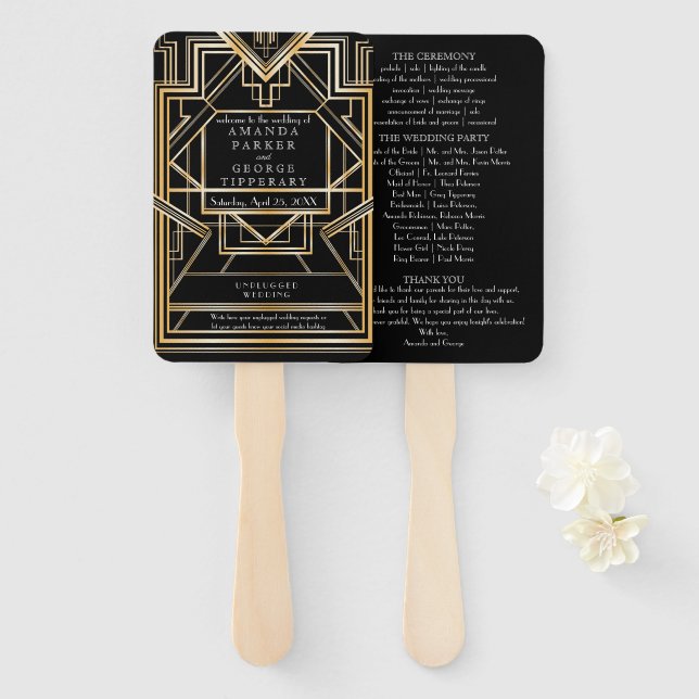 Gold Art Deco Hochzeitsprogramm Fächer (Vorne und Hinten)