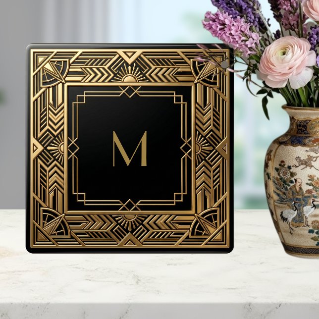 Gold Art Deco Monogram Black Personalized Luxury Fliese (Von Creator hochgeladen)