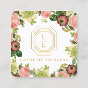 Gold Art Deco Monogram Vintag Florals Quadratische Visitenkarte