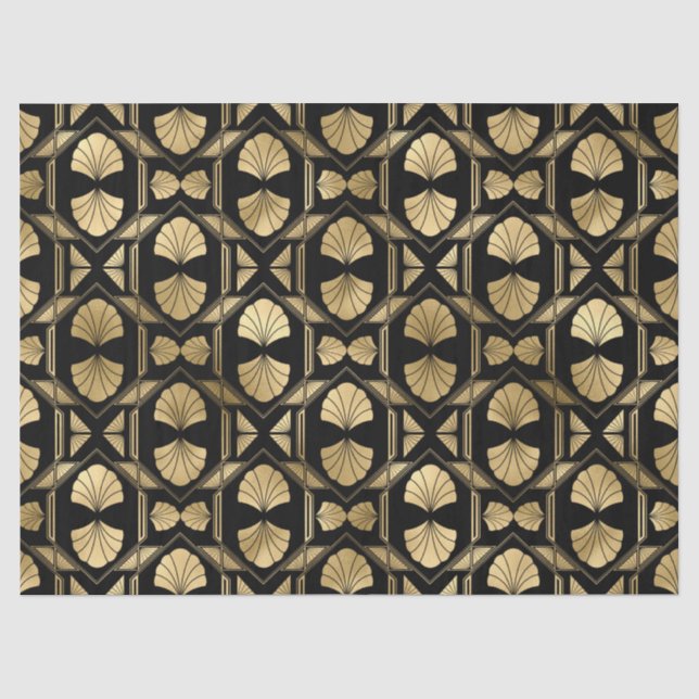 Gold Art Deco Muscheln auf Black Decoupage Seidenpapier (Vorderseite)