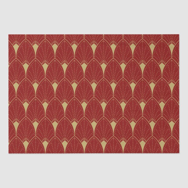 Gold Art Deco Muster auf dunkelrotem Hintergrund Seidenpapier (Vorderseite)