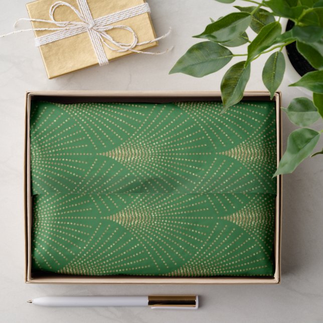Gold Art-Deko-Muster über grünes Hintergrund Seidenpapier (Geschenk)