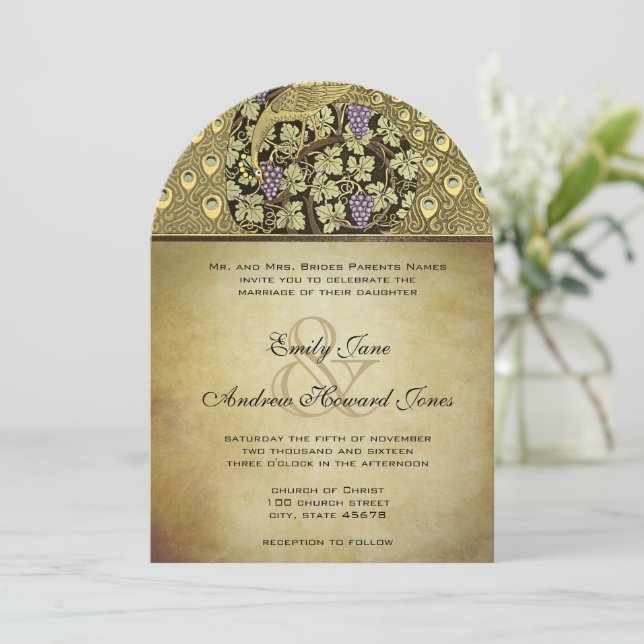 Gold Art Nouveau Peacock Birds Hochzeit Einladung (Stehend Vorderseite)
