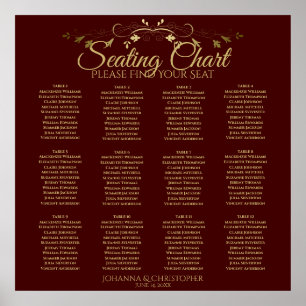 Gold & Auburn Brown 12 Table Wedding Chart Poster