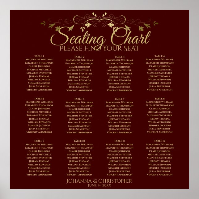 Gold & Auburn Brown 12 Table Wedding Chart Poster (Vorne)