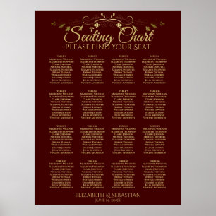 Gold & Auburn Brown 16 Table Wedding Chart Poster