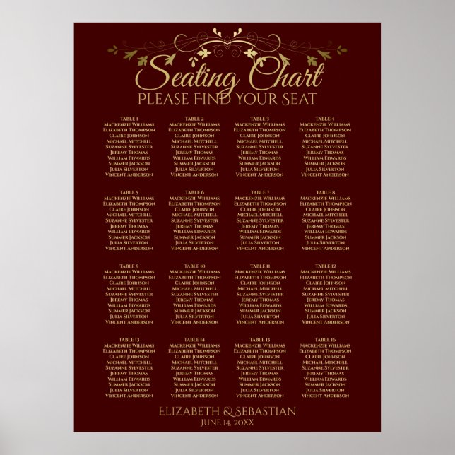Gold & Auburn Brown 16 Table Wedding Chart Poster (Vorne)