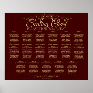 Gold & Auburn Brown 17 Table Wedding Chart Poster