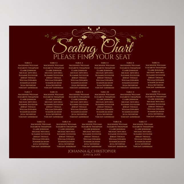 Gold & Auburn Brown 17 Table Wedding Chart Poster (Vorne)
