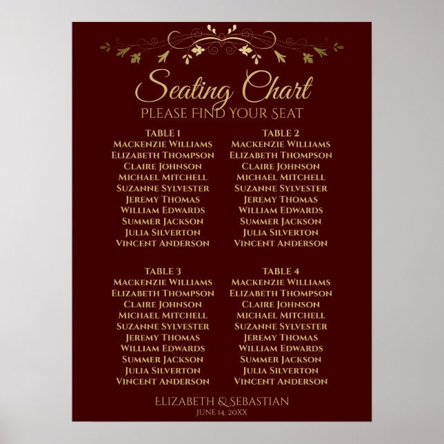 Gold & Auburn Brown 4 Table Wedding Chart Poster (Vorne)