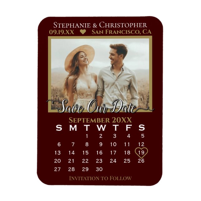 Gold & Auburn Foto Kalender Rette unsere Hochzeit Magnet (Vertikal)